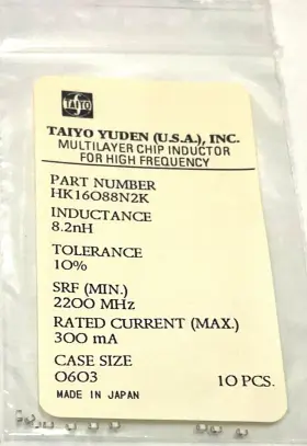 Taiyo Yuden Hk16088n2k Chip Inductor 8.2nh 10% 2200mhz 300ma 10pcs